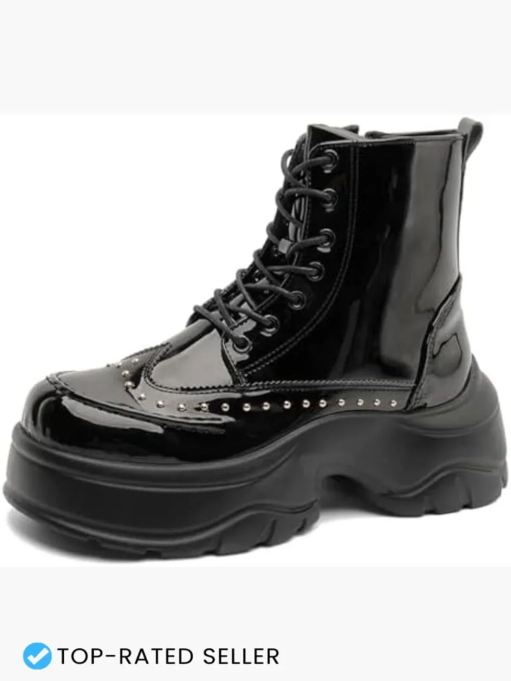 Men's Patent Leather Rivet Platform Motorcycle Boots with Side Zipper